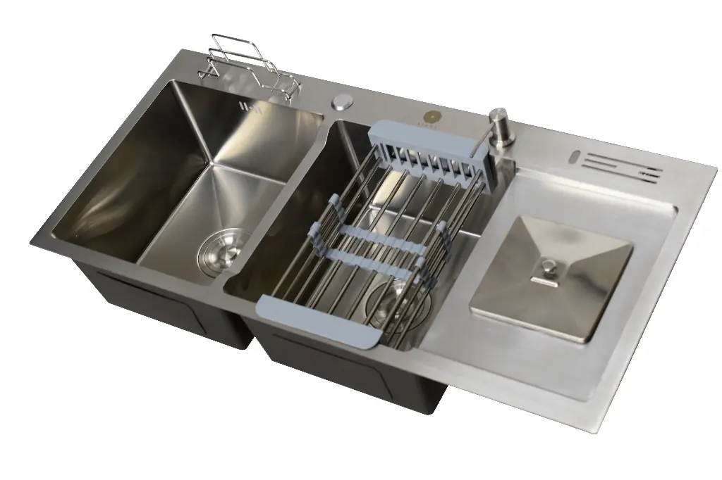 حوض 2 عين + صبانة SINK H.M 100*48 مع شفة سلفر